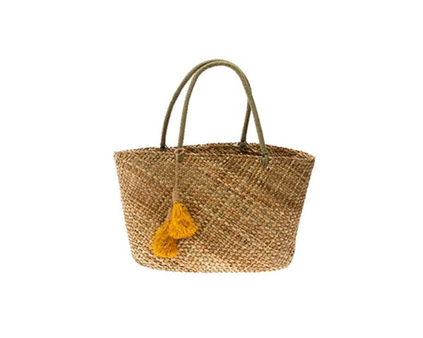 A871-HANDWOVEN SEAGRASS TOTE BAG WITH RAFFIA STRAW TASSELS