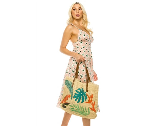 A868-CROCHET BEACH TOTE W/ TROPICAL EMBROIDERY