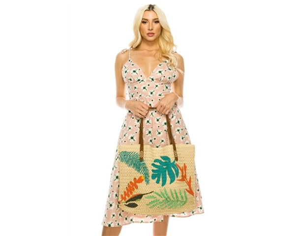 A868-CROCHET BEACH TOTE W/ TROPICAL EMBROIDERY