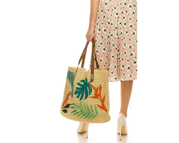 A868-CROCHET BEACH TOTE W/ TROPICAL EMBROIDERY