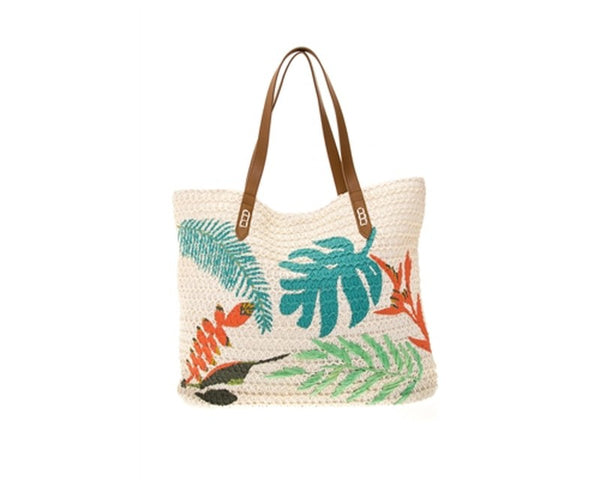 A868-CROCHET BEACH TOTE W/ TROPICAL EMBROIDERY