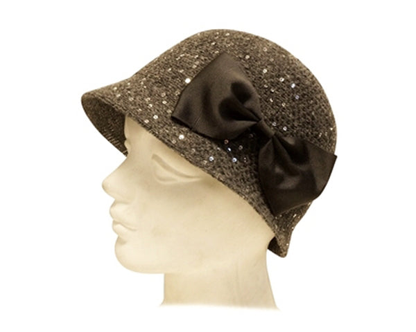 A447-BOW SEQUIN KNIT CLOCHE HAT W/ BOW