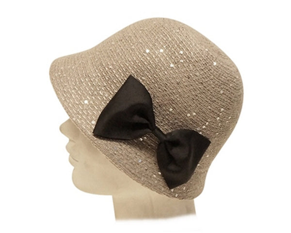 A447-BOW SEQUIN KNIT CLOCHE HAT W/ BOW