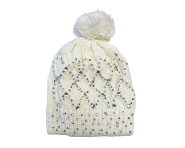 A049-CABLE KNIT BEANIE W/ RHINESTONES