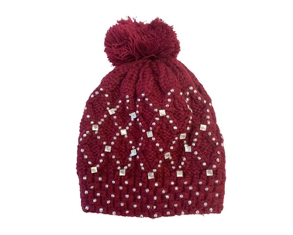 A049-CABLE KNIT BEANIE W/ RHINESTONES