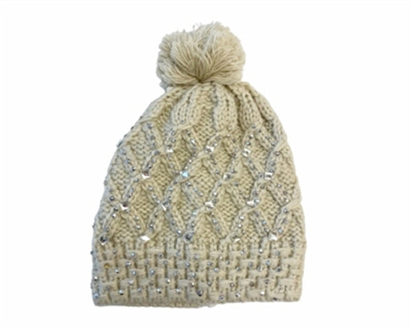 A049-CABLE KNIT BEANIE W/ RHINESTONES