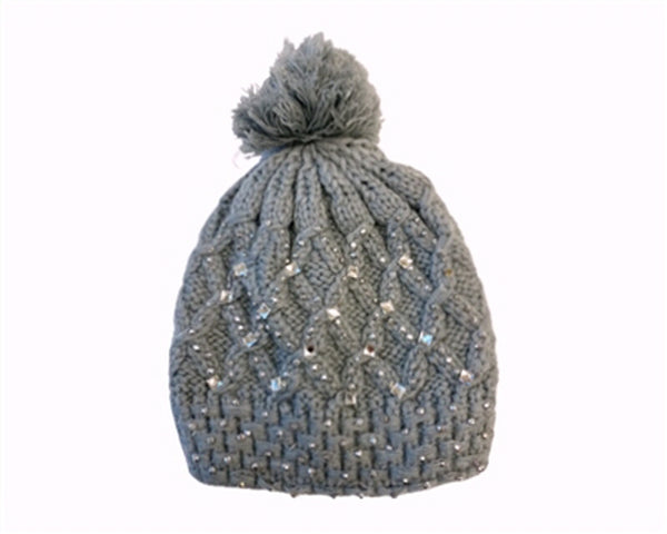 A049-CABLE KNIT BEANIE W/ RHINESTONES