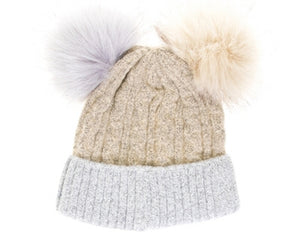 A094-2 TONE DOUBLE FUR POM BEANIE