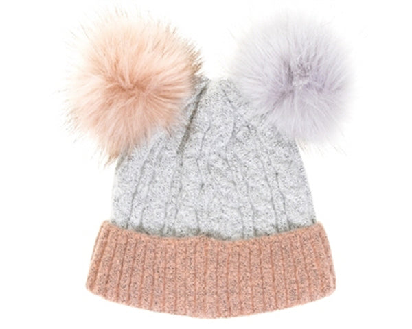 A094-2 TONE DOUBLE FUR POM BEANIE