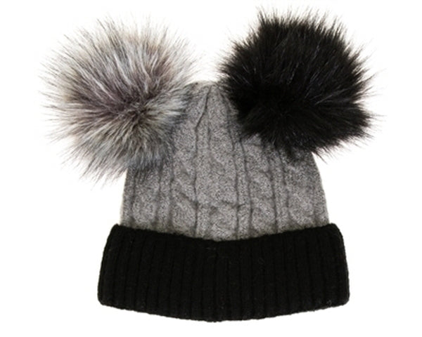 A094-2 TONE DOUBLE FUR POM BEANIE