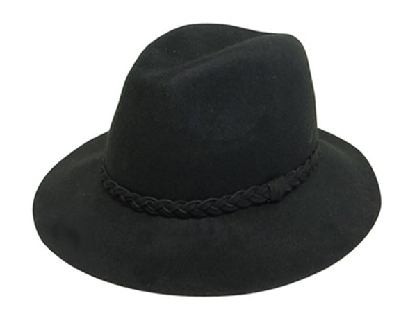 A133-BLACK WOOL FELT PANAMA WITH BRAID BAND