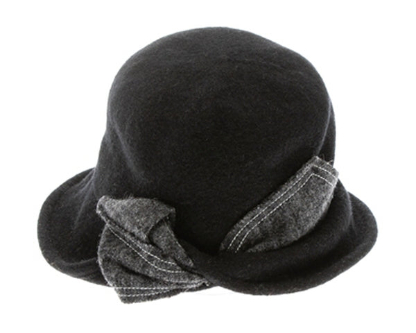 A080-SHAPEABLE WOOL BUCKET CLOCHE W/ MARLED BOW