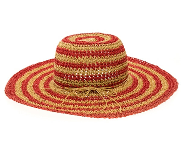 A257-HAND CROCHETED STRAW SUN HAT W/ STRIPES