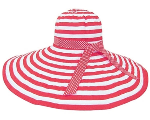 A298-EXTRA WIDE BRIM SUN HATS - STRIPED RIBBON HAT