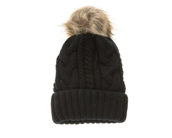 A031-FUR POM CABLE KNIT BEANIE