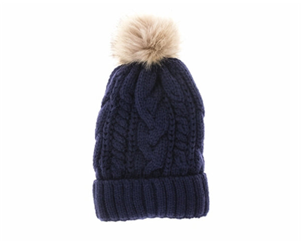 A031-FUR POM CABLE KNIT BEANIE