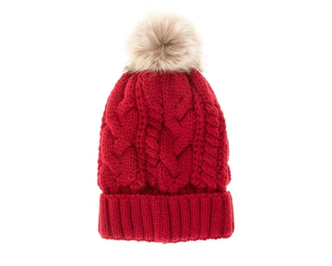 A031-FUR POM CABLE KNIT BEANIE