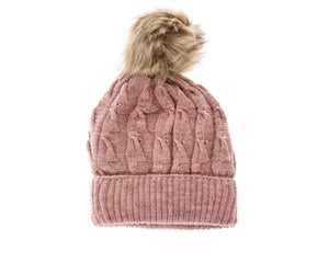 A034-FUR POM MARLED BEANIE