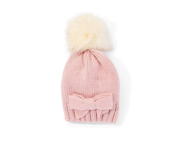 A099-KID'S BOW+FUR POM BEANIE