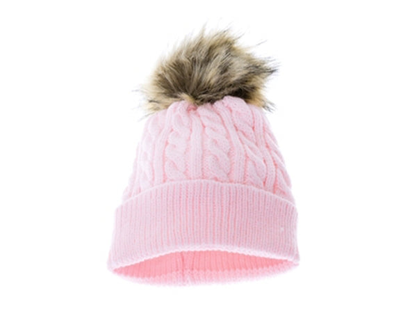 A100-KID'S FUR POM CABLE KNIT BEANIE - NEW POP COLORS