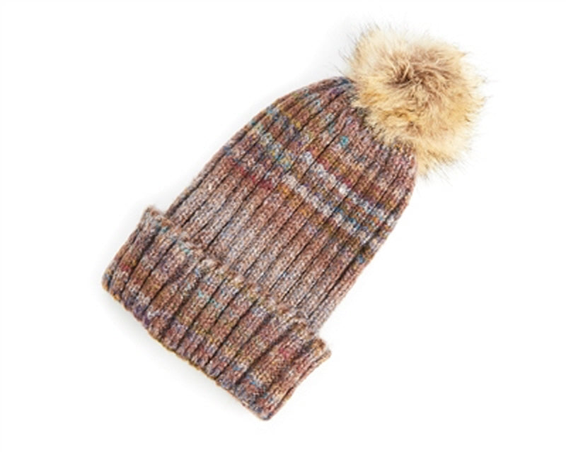 A035-SPACE DYED FUR POM KNIT BEANIE