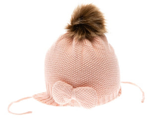 A105-KID'S BOW & FUR POM BEANIE W/ SIDE STRINGS