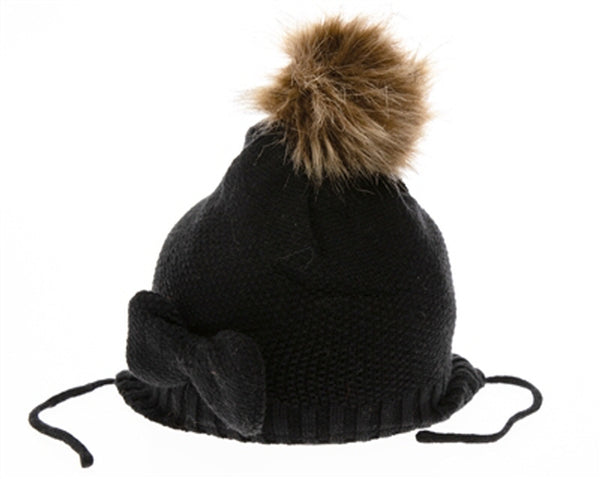 A105-KID'S BOW & FUR POM BEANIE W/ SIDE STRINGS