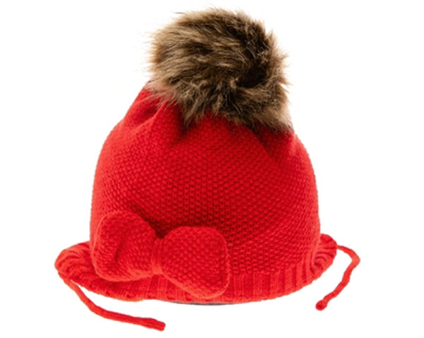 A105-KID'S BOW & FUR POM BEANIE W/ SIDE STRINGS