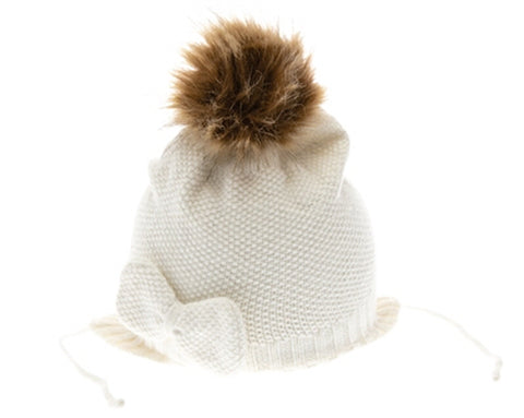 A105-KID'S BOW & FUR POM BEANIE W/ SIDE STRINGS