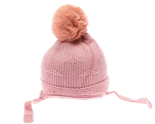 A041-KID'S EARTH TONE POM BEANIE W/ SIDE STRAPS