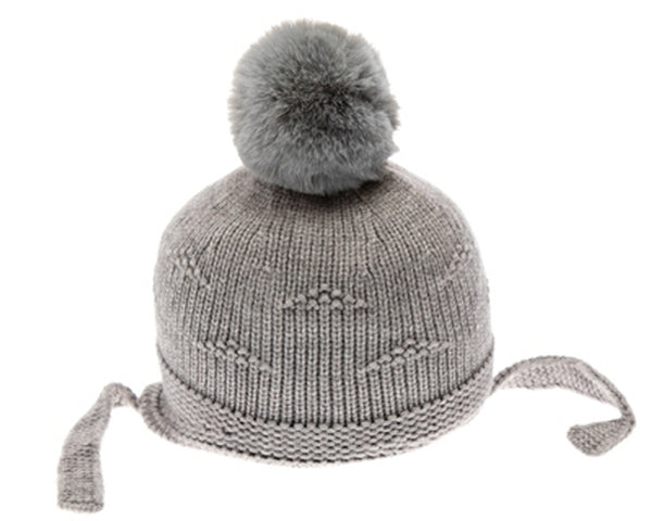 A041-KID'S EARTH TONE POM BEANIE W/ SIDE STRAPS