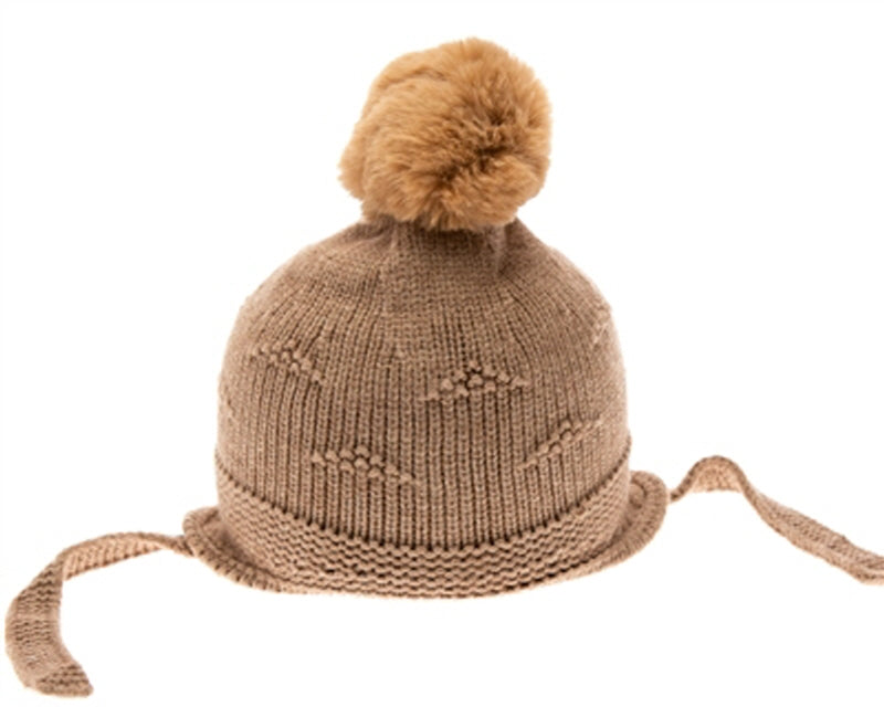 A041-KID'S EARTH TONE POM BEANIE W/ SIDE STRAPS