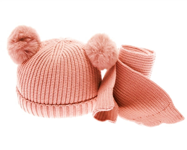 A040-KID'S DOUBLE-POM BEANIE-SCARF SET