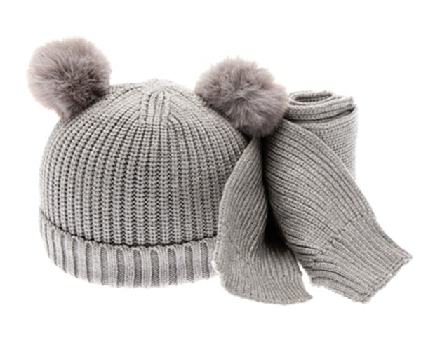 A040-KID'S DOUBLE-POM BEANIE-SCARF SET