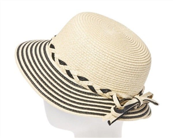 A481-STRAW CLOCHE W/ STRIPED BRIM