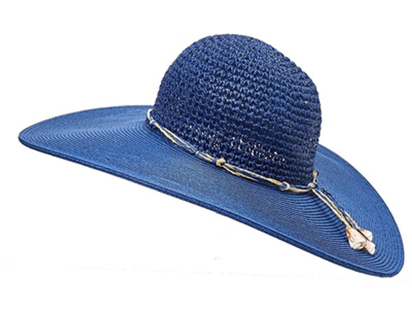 A314-NAVY BLUE WIDE BRIM HAT W/ SHELL CHARMS