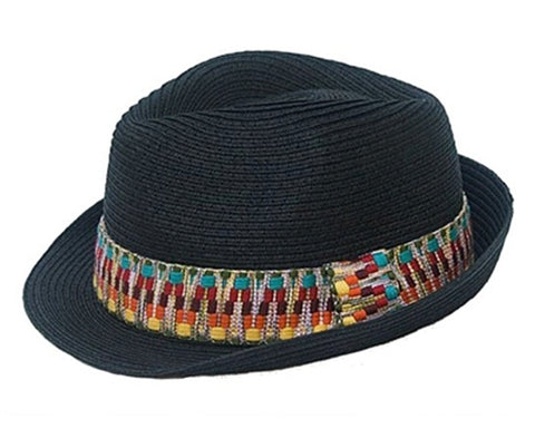 A605-STRAW FEDORA WITH TRIBAL BAND