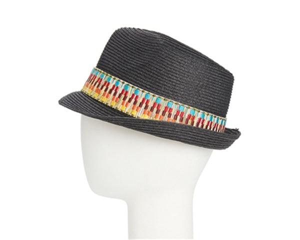 A605-STRAW FEDORA WITH TRIBAL BAND