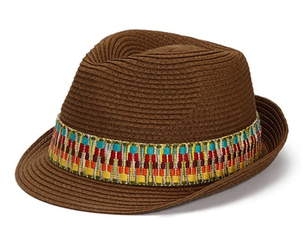 A605-STRAW FEDORA WITH TRIBAL BAND