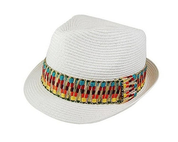 A605-STRAW FEDORA WITH TRIBAL BAND