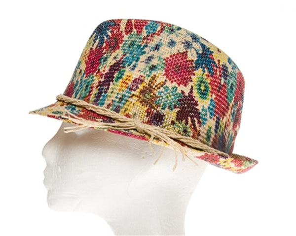 A622-FLORAL PRINT STRAW FEDORA