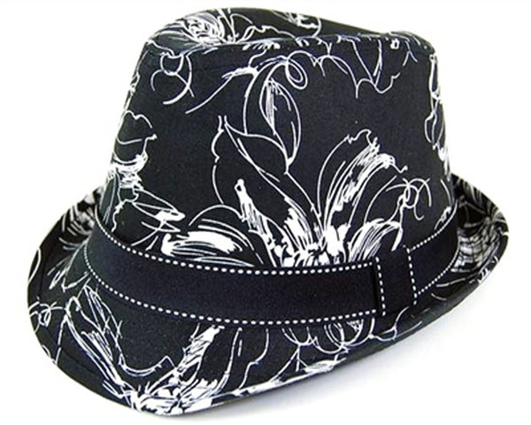 A190-BLACK/WHITE FLORAL PRINT FEDORA