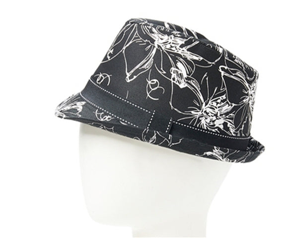 A190-BLACK/WHITE FLORAL PRINT FEDORA