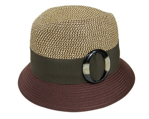 A191-2 TONE TWEED STRAW FEDORA WITH BUCKLE