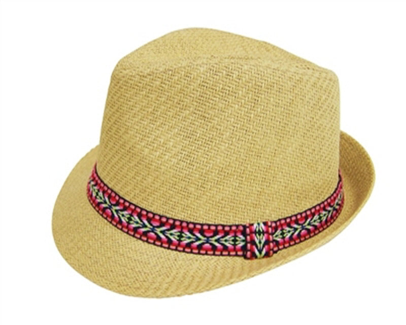 A612-STRAW FEDORA HAT - FUCHSIA-LIME BAND