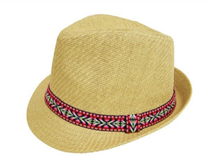 A612-STRAW FEDORA HAT - FUCHSIA-LIME BAND