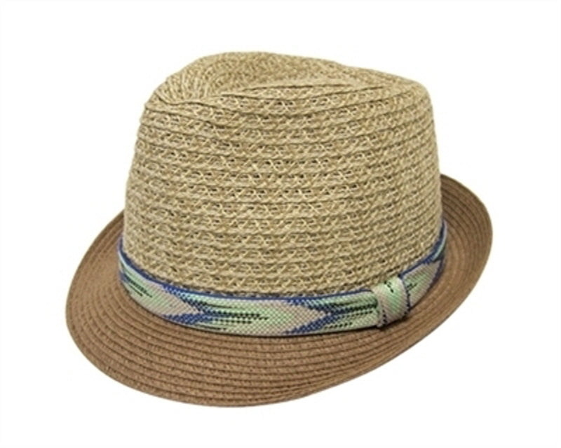 A590-TWEED STRAW FEDORA WITH CHEVRON BAND