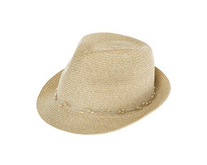 A637- STRAW FEDORA W/ WOOD BEADS