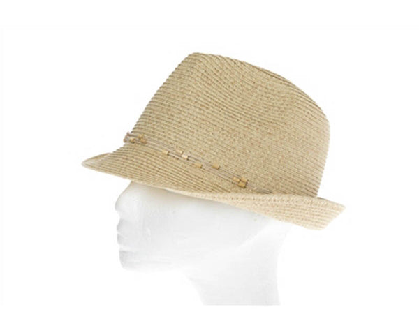 A637- STRAW FEDORA W/ WOOD BEADS