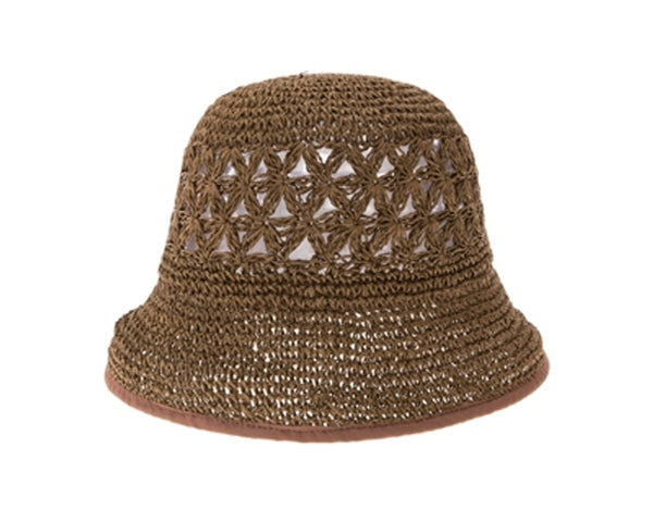 A509-PATTERN CROCHET STRAW BUCKET HAT W/ TRIM